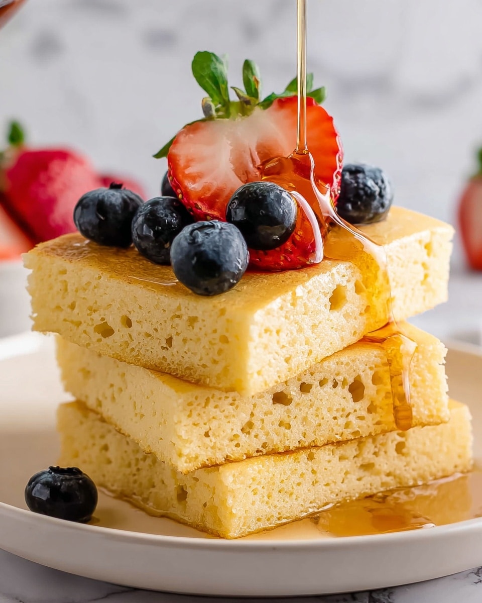 A stack of three square, airy yellow pancakes rests on a white plate, each pancake showing small holes and a soft texture. On the top pancake are fresh blueberries and a sliced strawberry with its green stem still attached. Golden syrup is being poured over the fruit, flowing down the sides of the pancakes and pooling on the plate. The background is a white marbled texture. photo taken with an iphone --ar 4:5 --v 7