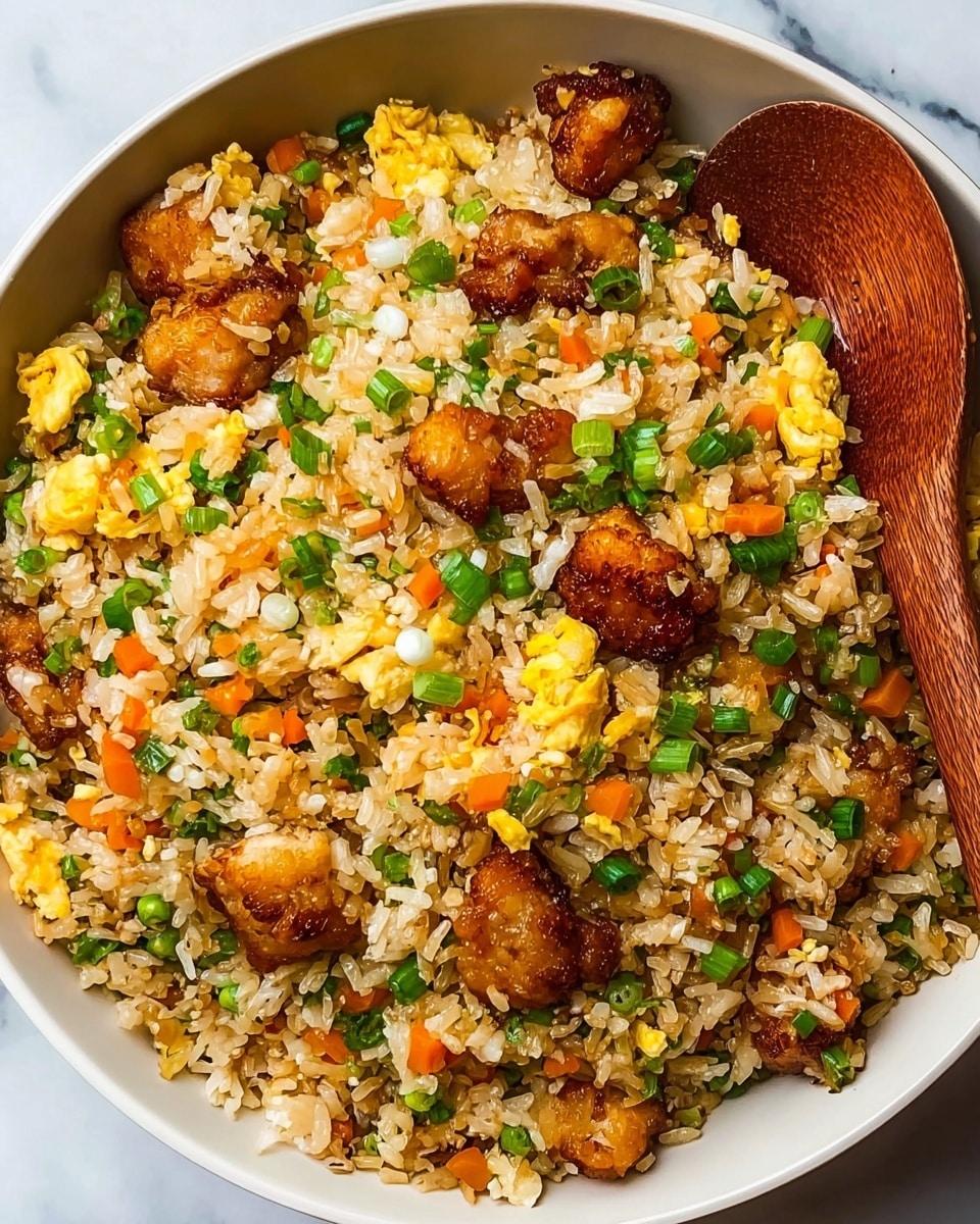 A large white bowl filled with shrimp fried rice, showing about four layers mixed together. The base layer is light brown fried rice cooked with small diced carrot pieces in orange and soft scrambled eggs in yellow scattered throughout. On top of the rice, there are medium-sized, golden-brown, seared shrimp placed very evenly around the dish. Bright green chopped scallions are sprinkled across, adding a fresh color contrast. To the side, a wooden spoon peeks into the bowl, resting on the rice. The whole bowl sits on a white marbled surface. Photo taken with an iphone --ar 4:5 --v 7