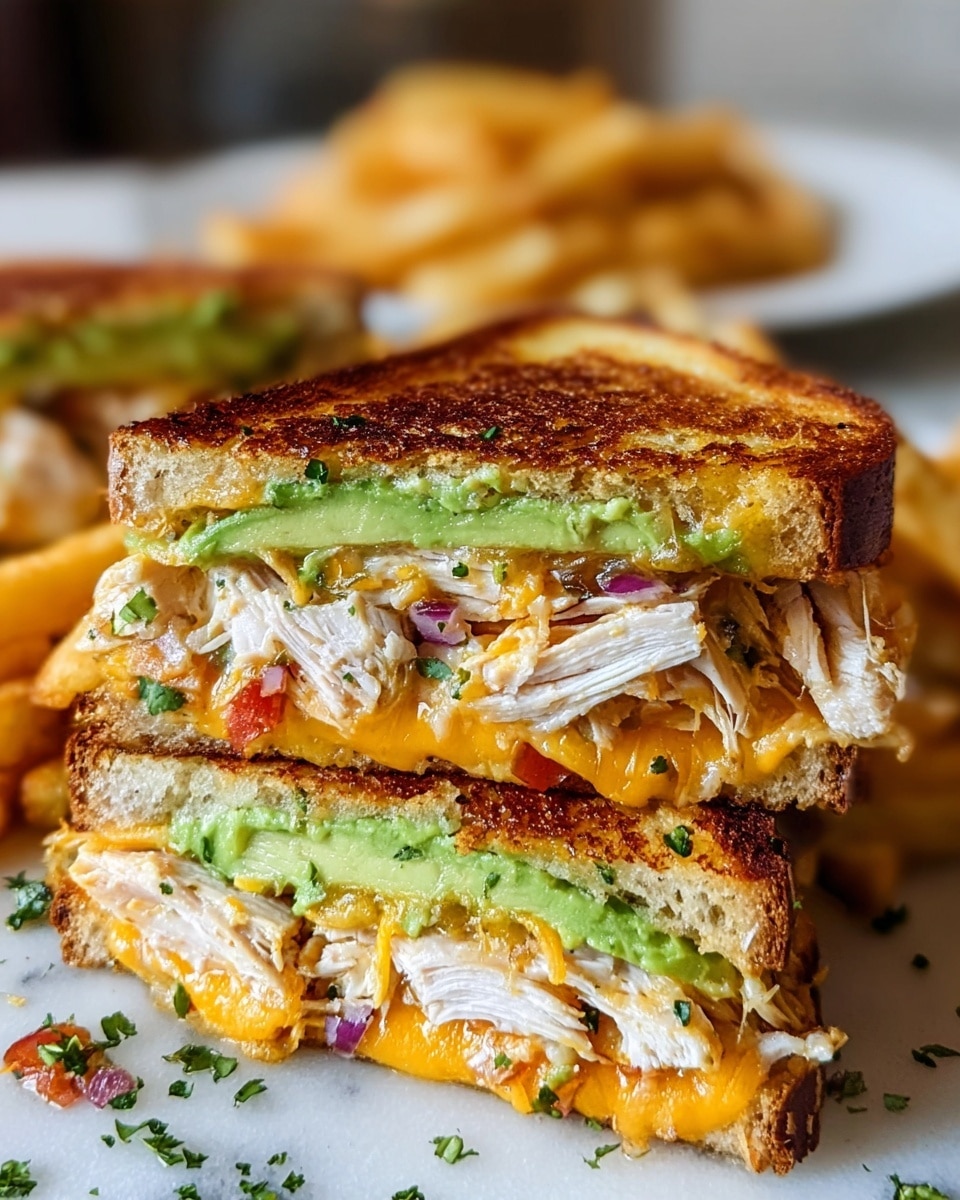 A close-up of a thick sandwich cut in half and stacked on top of each other, showing five visible layers: the top and bottom layers are golden-brown toasted bread with a crispy texture, the second and fourth layers contain melted yellow cheese slightly oozing out, between the cheese layers there are thick slices of grilled white chicken breast with grill marks, the third layer shows a mix of diced red onions, tomato slices, and a green avocado spread with a creamy texture, all layers are sprinkled with small green herbs, the sandwich is placed on a white marbled textured surface with some scattered green herb pieces around. Photo taken with an iphone --ar 4:5 --v 7