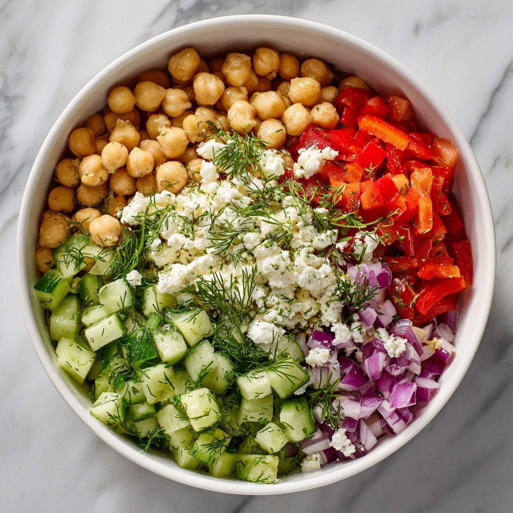 A salad served in a white bowl filled with three main layers: the first layer has small round beige chickpeas, the second layer contains bright green cucumber chunks and small red bell pepper pieces, and the third layer has small pieces of crumbled white cheese and small bits of purple onion, all topped with small sprigs of fresh green dill. The salad has a fresh and colorful look with a mix of smooth, chunky, and leafy textures, sitting on a white marbled surface. Photo taken with an iphone --ar 4:5 --v 7