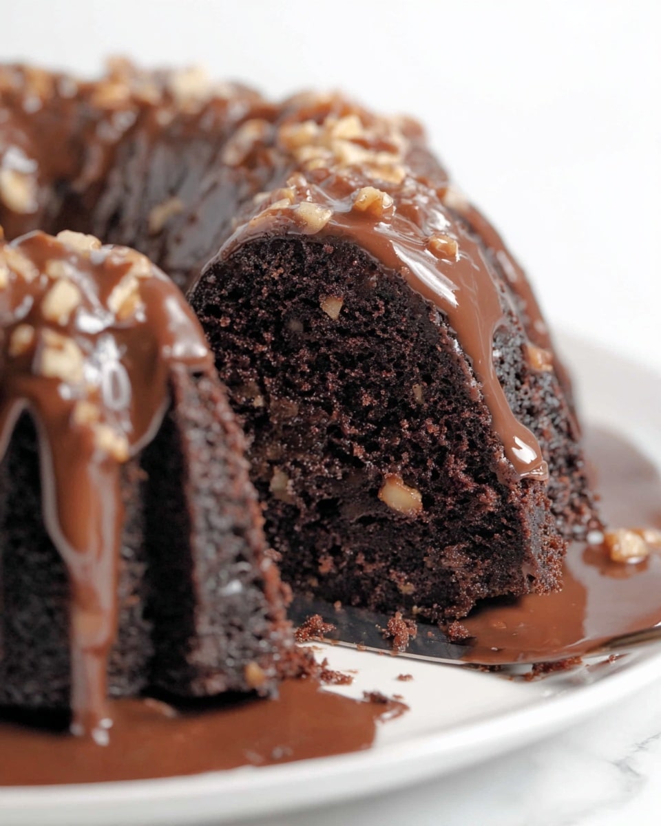 The image shows a thick chocolate bundt cake sliced to reveal its dense, dark brown interior with a moist texture. The cake is covered with a glossy chocolate sauce that drips over the edges, pooling slightly on the white plate below. Small pieces of nuts are mixed into the sauce, adding a crunchy texture. The knife resting under one slice has some sauce on it, emphasizing the rich and creamy topping. The background has a white marbled texture. photo taken with an iphone --ar 4:5 --v 7