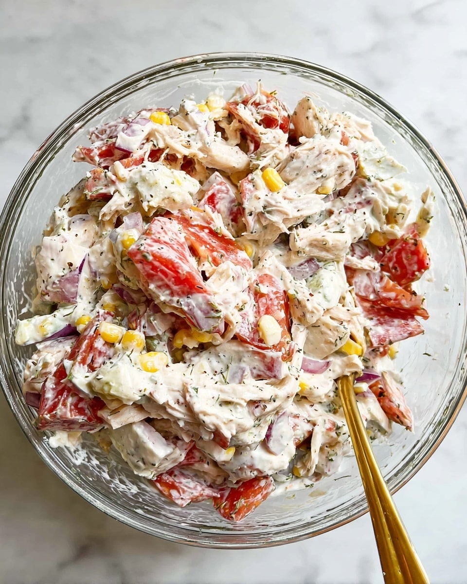 A close-up shows a woman's hand holding a rectangular toasted cracker topped with a creamy salad mix. The salad has chunks of pink and orange shrimp, pieces of diced purple onion, small bits of yellow pepper, and white crumbled cheese, all mixed in a thick mayonnaise-like sauce. There is a sprinkle of black pepper on top. In the background, a clear glass bowl rests on a white marbled surface, filled with more of the same salad with a metal spoon inside. The woman's hand has a pink nail with white snowflake designs. photo taken with an iphone --ar 4:5 --v 7