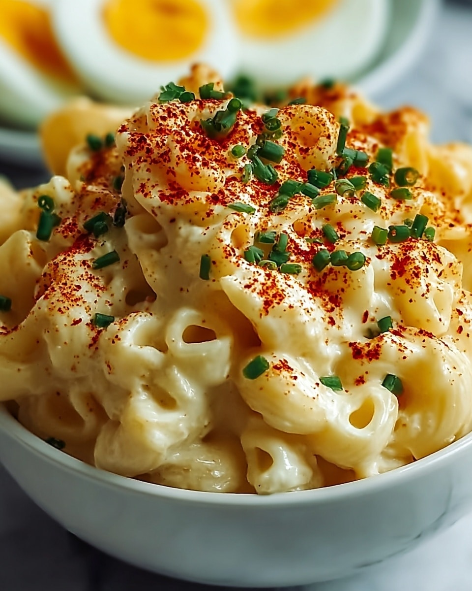 A close-up shows a white bowl filled with creamy macaroni and cheese stacked about two layers high, with small elbow pasta coated in smooth, pale yellow cheese sauce. The top layer is sprinkled with red paprika and chopped green chives, adding bright color contrast. In the blurred background, halved boiled eggs with yellow yolks and a bit of green garnish can be seen on a white marbled surface. photo taken with an iphone --ar 4:5 --v 7