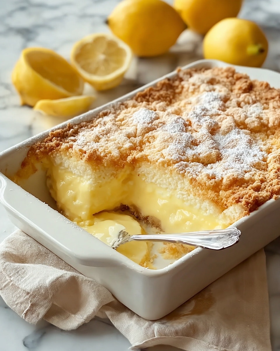 A white rectangular baking dish holds a three-layer lemon dessert with a crumbly golden brown crust at the bottom and edges. On top is a thick, creamy pale yellow layer with some soft, browned mounds sprinkled with powdered sugar. A silver spoon rests inside the dish, scooping from the bottom, showing the crust and creamy filling. Around the dish are whole and cut lemons resting on a white marbled textured surface, alongside a beige cloth. photo taken with an iphone --ar 4:5 --v 7