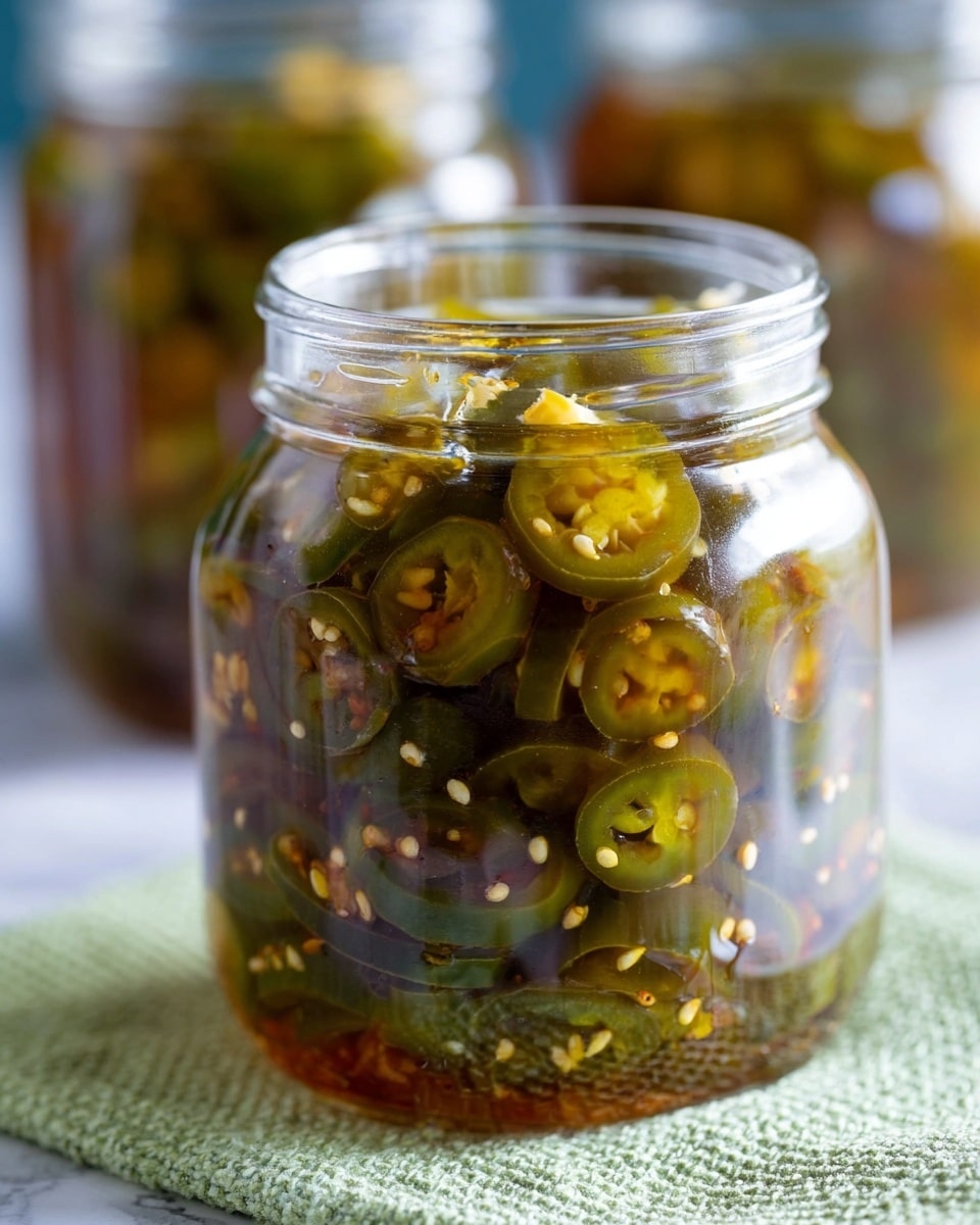 A clear glass jar filled with sliced pickled green jalapeños layered closely inside, showing yellow seeds and small bits floating in light brown pickling liquid, with the jar placed on a white marbled textured surface covered partially by a light green textured cloth, and a blurred background containing other similar jars, photo taken with an iphone --ar 4:5 --v 7