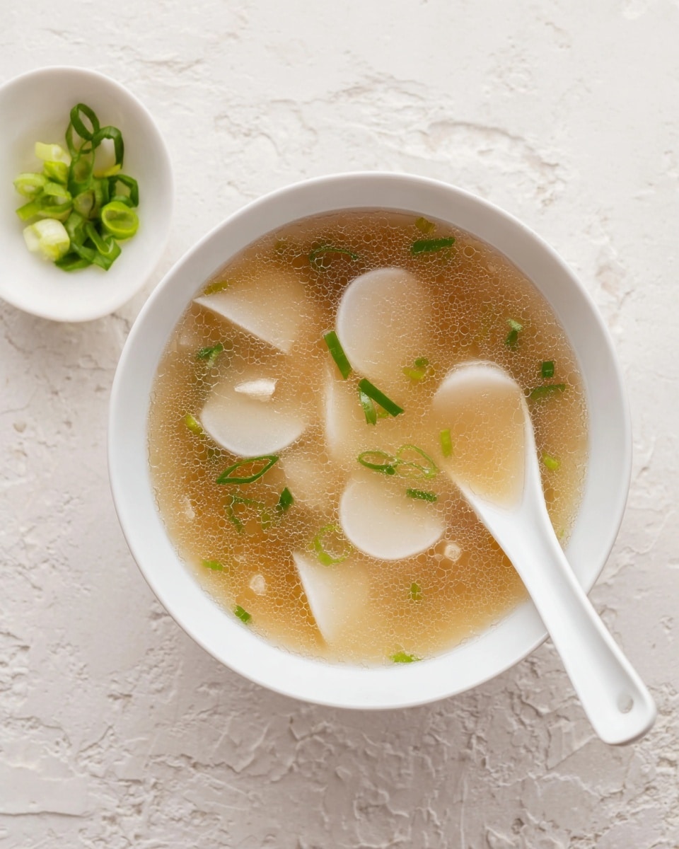 Two white bowls filled with light brown clear soup containing chunky, translucent white radish slices and small green onion rings floating on top. One bowl is fully visible with a white ceramic soup spoon placed inside, showing the spoon handle resting on the bowl edge. The bowls have a smooth, matte finish and are placed on a white marbled surface. The soup looks warm and soft in texture with gentle light reflections on the broth. Photo taken with an iphone --ar 4:5 --v 7