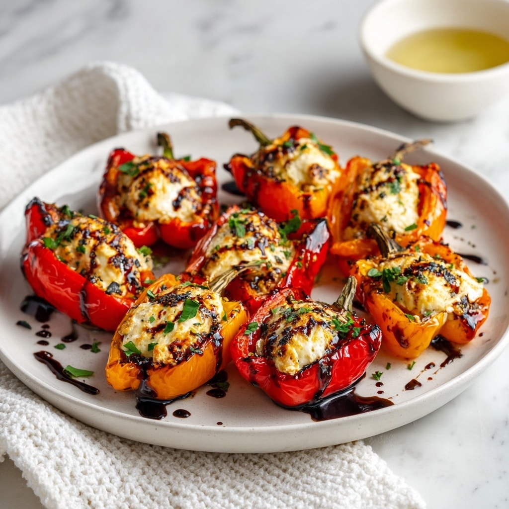 A white round plate holds thirteen mini peppers, each cut in half lengthwise with the inner side facing up. The peppers are a mix of bright red and orange colors with a roasted, slightly charred texture around the edges. Each pepper half is filled with a creamy white cheese layer, topped with small green herb leaves scattered on top. Dark balsamic glaze is drizzled over the peppers and the plate, adding a shiny contrast to the creamy and colorful layers. The plate is placed on a white marbled surface with a white textured cloth nearby and a small white bowl containing a pale yellow liquid slightly visible in the corner. Photo taken with an iphone --ar 4:5 --v 7