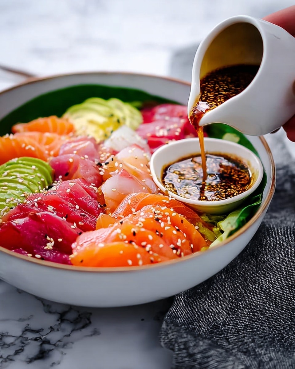 A white bowl with a black pattern holds a fresh salad with four groups of thinly sliced fish arranged around the top: dark red tuna, light pink fish, bright orange salmon, and white fish with a pink edge. Below the fish is a bed of dark green spinach leaves mixed with halved red cherry tomatoes and small pieces of light green avocado. Beside the bowl on a white marbled surface are two wooden salad utensils and a small white cup filled with sesame seeds. Part of a gray textured cloth is visible near the bowl. Photo taken with an iphone --ar 4:5 --v 7