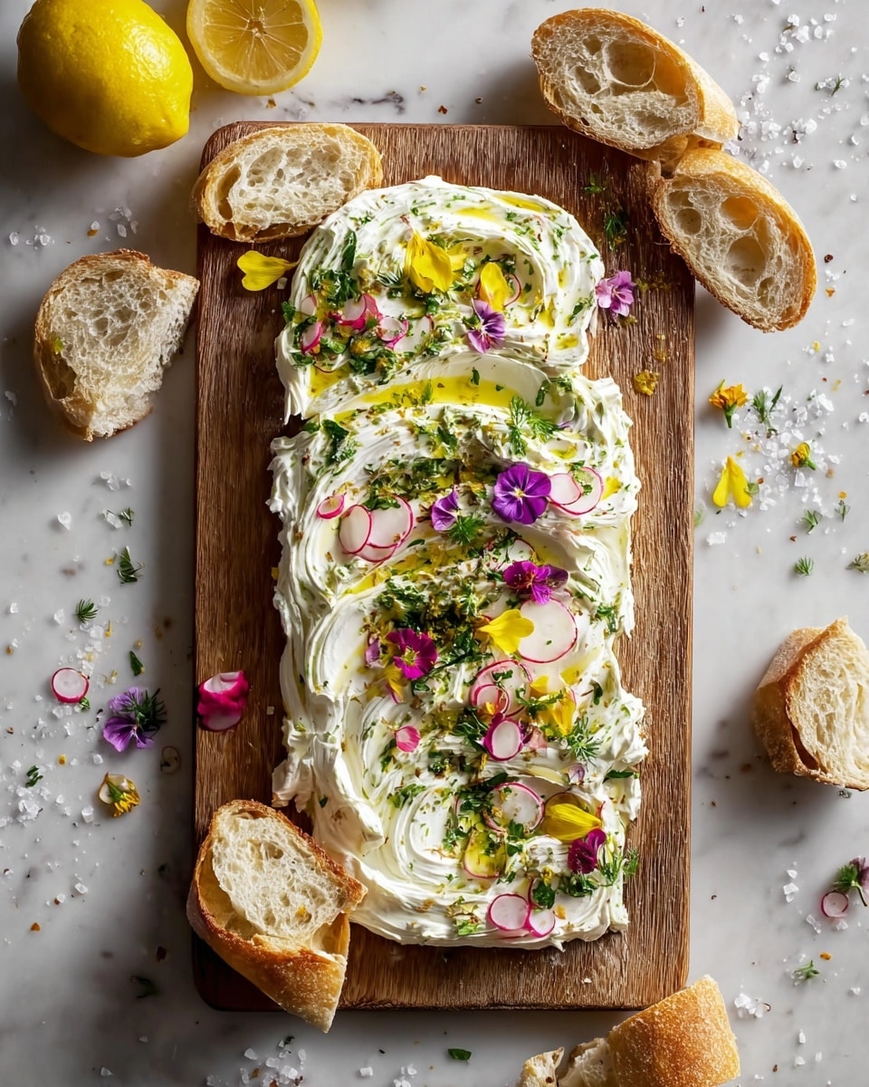 The image shows a close-up of a thick slice of bread topped with a creamy white spread evenly swirled on the surface, sprinkled with finely chopped green herbs and small red flakes. There are small drops of golden olive oil scattered on the spread, and delicate purple edible flowers are placed gently on top. The bread has a crusty brown edge with a soft texture inside. The background is a white marbled surface, and a woman's hand is holding the bread from the side. Photo taken with an iphone --ar 4:5 --v 7