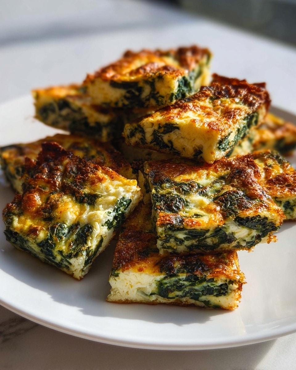 A white plate holds six square pieces of baked spinach and cheese dish with a golden brown, slightly crispy top layer. Each piece shows a mix of creamy white cheese with dark green spinach evenly spread within the soft, slightly fluffy base. The edges are browned and a bit crisper, highlighting the cooked texture. The spinach is well dispersed in all squares, and the cheese looks melted and lightly bubbly on top. The plate is set on a white marbled surface with soft natural light making the dish look fresh and inviting. Photo taken with an iphone --ar 4:5 --v 7