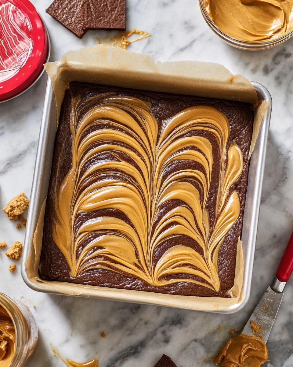 A white plate holds a stack of nine square brownies arranged in a pyramid shape. Each brownie has two visible layers: a thick, dark brown chocolate base with a moist, dense texture, and a golden brown swirled peanut butter top layer that creates a marbled effect on the surface. The edges of the brownies look slightly crisp while the inside appears soft and rich. The scene is set on a white marbled texture with scattered crumbs and several light brown cookies around the plate. A woman’s hand is visible on the right side in the background holding a red spatula, with a jar of peanut butter and more brownies blurred in the back. photo taken with an iphone --ar 4:5 --v 7