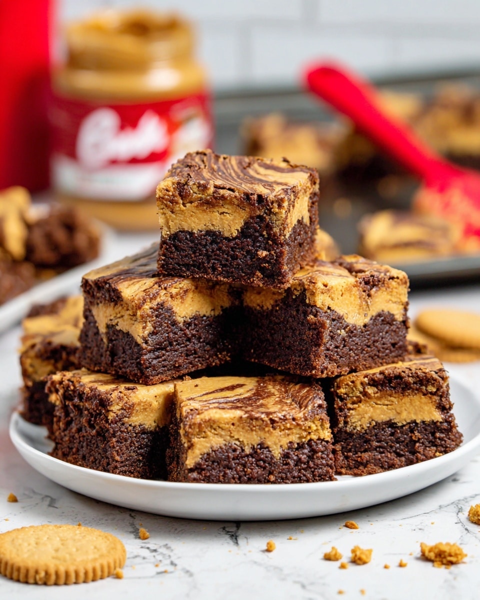 The image shows a square metal baking pan lined with parchment paper, filled with two layers of batter. The bottom layer is dark brown, smooth, and thick, forming the base. The top layer is a golden-brown swirled peanut butter mix, smoothly spread in four long vertical loops, each loop starting at the top of the pan and curling downward with a shiny texture. The batter layers are visually distinct but blended at edges creating a marbled pattern. The pan is placed on a white marbled surface, surrounded by a small glass bowl with peanut butter, a chocolate spread knife with peanut butter residue, a partially opened red-lidded peanut butter jar, and some scattered cookie crumbs. Photo taken with an iphone --ar 4:5 --v 7