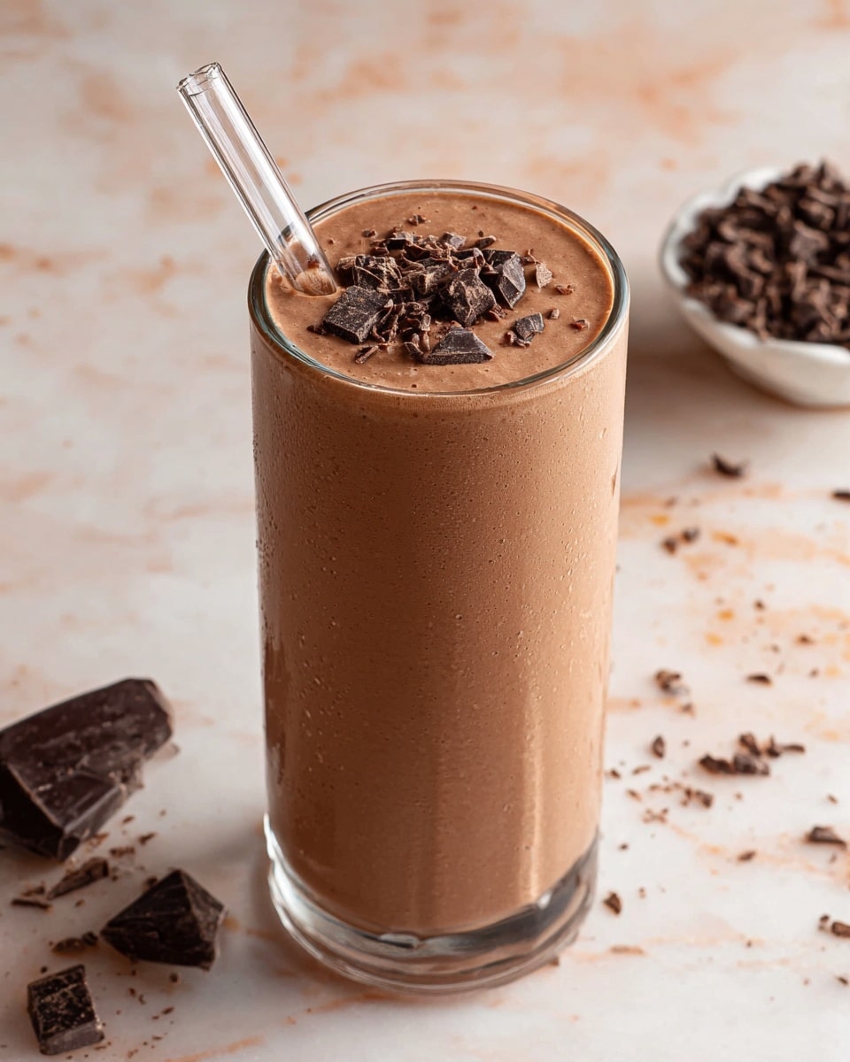 The image shows a tall, clear glass filled with a smooth, light brown chocolate smoothie. The smoothie is topped with small chunks of dark chocolate scattered evenly on the surface. A clear glass straw is inserted into the drink at an angle, resting on the left side of the glass rim. The glass is placed on a white marbled surface, with some more dark chocolate pieces spread around it and a small white bowl of dark chocolate bits visible in the background. photo taken with an iphone --ar 4:5 --v 7