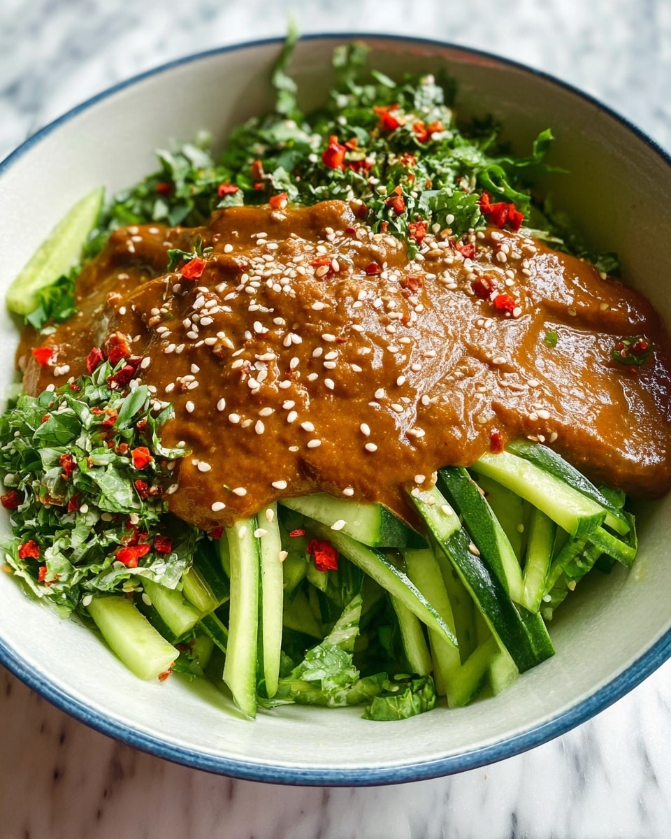 A close-up view of a green ceramic bowl filled with thin strips of cucumber salad mixed with small green herb pieces and sprinkled with white sesame seeds. The cucumber strips show shades of light and dark green with a slightly wet, shiny texture. A pair of wooden chopsticks is holding some of the cucumber salad above the bowl. The bowl is placed on a white marbled surface. photo taken with an iphone --ar 4:5 --v 7