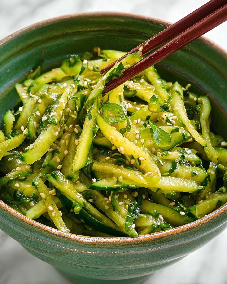 A deep white bowl holds a fresh dish with several layers starting from the bottom with thin, bright green cucumber sticks arranged loosely. On top of the cucumbers, there are chopped leafy herbs mixed with small pieces of red chili and sprinkled white sesame seeds, adding texture and color contrast. Covering the middle layer is a thick, smooth, rich brown sauce with a glossy surface, spreading evenly over the herbs and cucumbers. The bowl sits against a white marbled surface, creating a clean and fresh look. Photo taken with an iphone --ar 4:5 --v 7