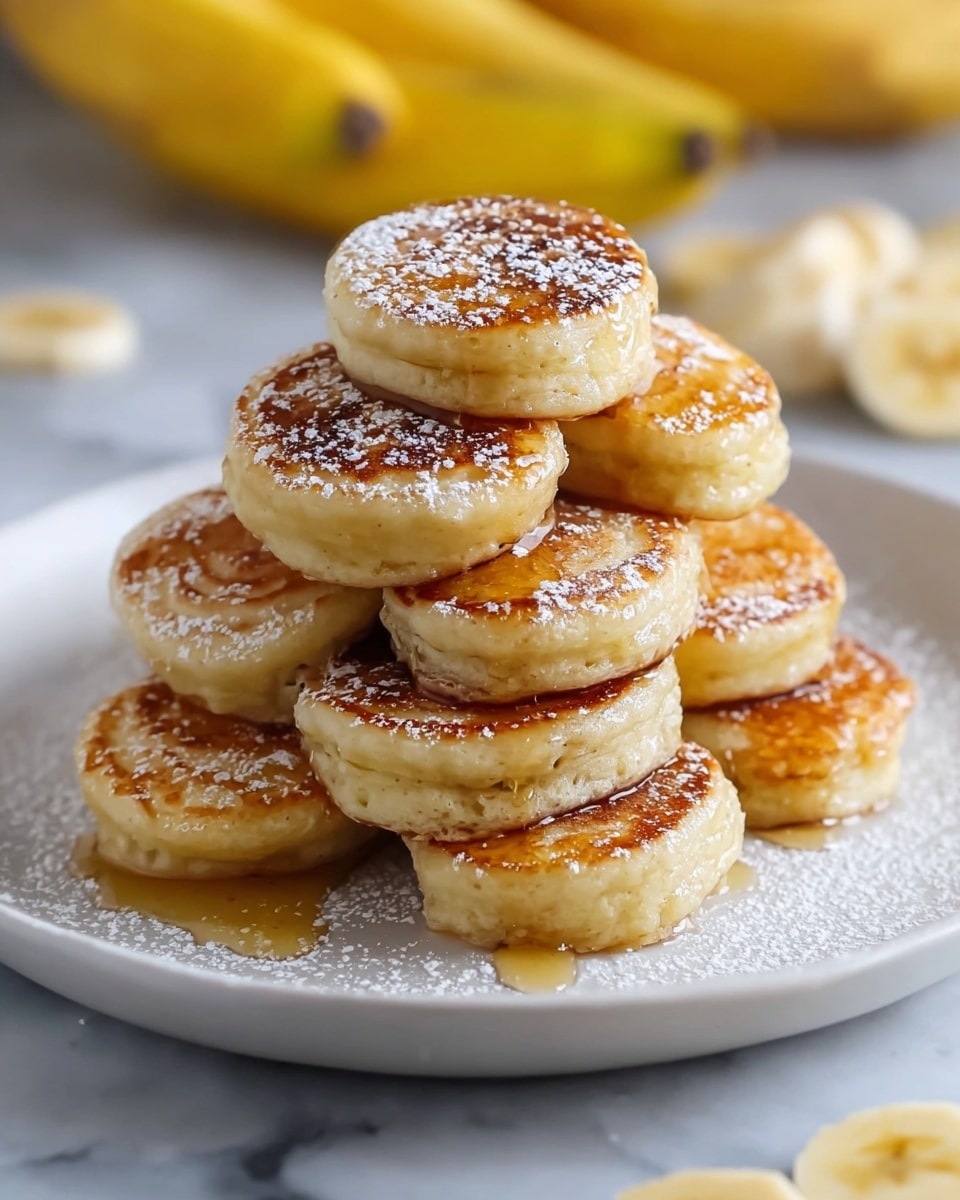 A white plate holds a tall pile of small, round banana pancakes, each about one thick layer. The pancakes are golden brown on top with slightly crispy edges and soft, light beige sides. Some pancakes show small banana slices inside. A light dusting of powdered sugar covers the top pancakes, and a drizzle of honey or syrup glistens on the surface. The plate sits on a white marbled surface, with blurred yellow bananas and sliced bananas in the soft background. photo taken with an iphone --ar 4:5 --v 7