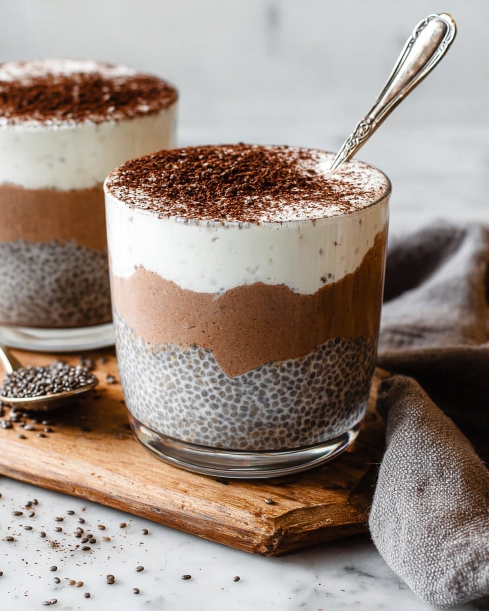 The image shows a clear glass cup with three visible layers of a chia pudding dessert. The bottom layer is a smooth, light brown chocolate mixture. The middle layer is lighter in color, filled with chia seeds suspended in a creamy white base. The top layer is a thick, pure white cream dusted with a generous amount of dark brown cocoa powder. A silver spoon with a detailed handle is placed inside the cup. The cup is sitting on a wooden board with scattered chia seeds around it, and a soft gray cloth is nearby. In the background, another similar cup is partly visible. The setting is on a white marbled surface. Photo taken with an iphone --ar 4:5 --v 7