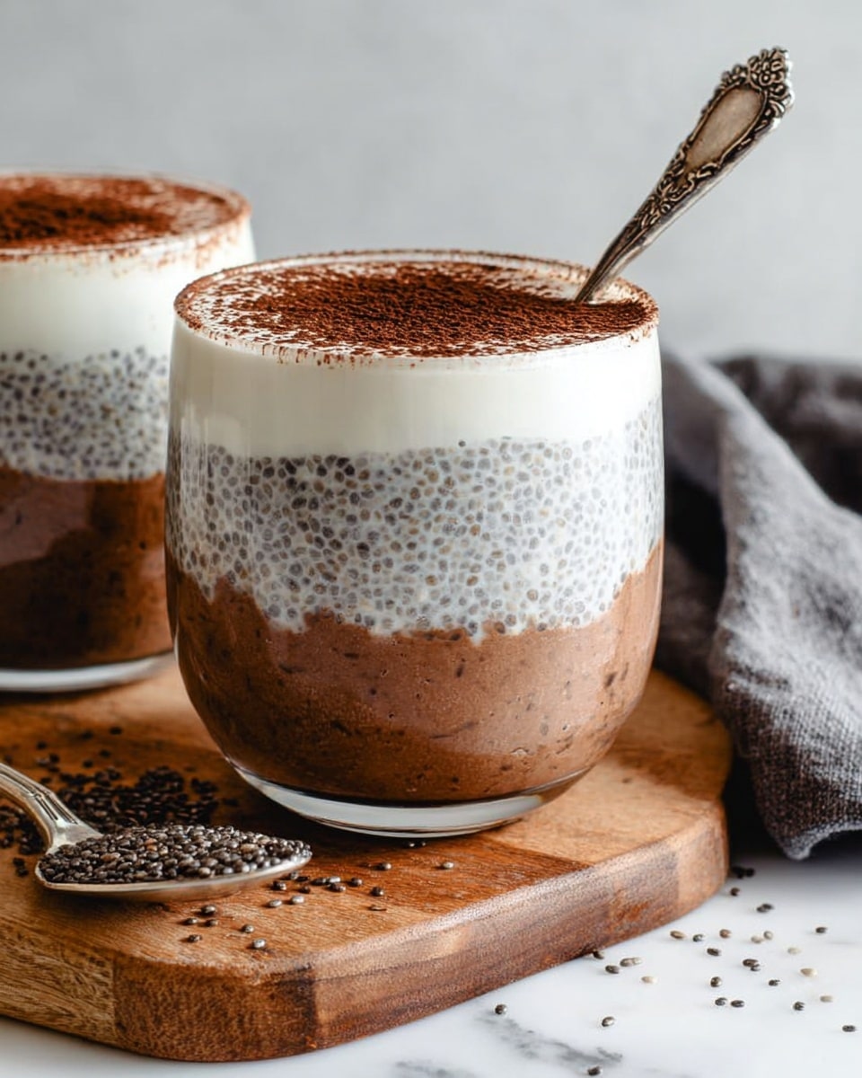 A clear glass cup holds a three-layered dessert placed on a wooden board with chia seeds scattered around. The bottom layer is thick and chocolatey brown with a smooth texture. The middle layer is lighter in color, speckled gray and white with chia seeds clearly visible throughout. The top layer is creamy white, smooth and thick, dusted with a fine layer of dark brown powder like cocoa on its surface. A silver spoon with a decorative handle rests inside the cup on the right side. Behind, another similar cup is slightly blurred, and to the right is a folded gray cloth. The whole setting is on a white marbled surface. photo taken with an iphone --ar 4:5 --v 7