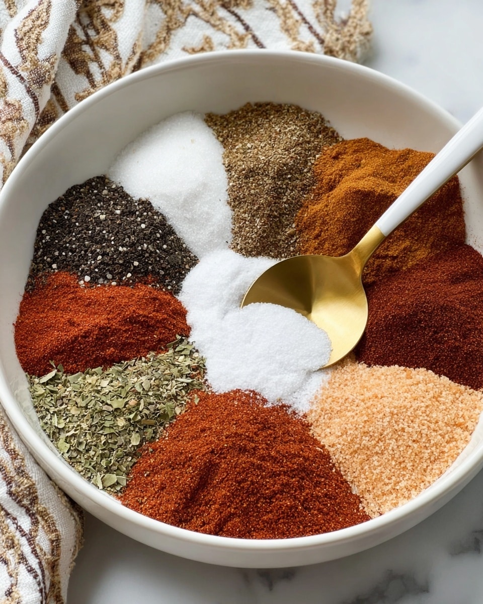 A close-up shot of a white bowl filled with a coarse red-brown spice mix that has small bits of lighter-colored particles throughout, creating a textured look. In the center of the bowl, a white spoon with a slightly gold-stained handle holds a rounded scoop of the spice mix slightly raised above the surface, showing the fine grain and uneven bits up close. The bowl is set against a white marbled background that highlights the warm colors of the spices. photo taken with an iphone --ar 4:5 --v 7