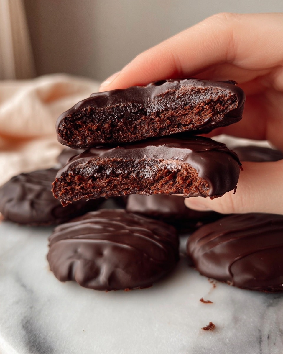 Six round cookie-sized treats are laid out on a circle of beige parchment paper over a white marbled surface. Each treat has a smooth, dark brown chocolate coating with a darker, slightly glossy chocolate drizzle pattern on top. The edges of the treats show a slightly uneven, thick layer of chocolate, giving a rich and dense look. The treats are clustered closely together, highlighting their uniform size and texture. Photo taken with an iphone --ar 4:5 --v 7