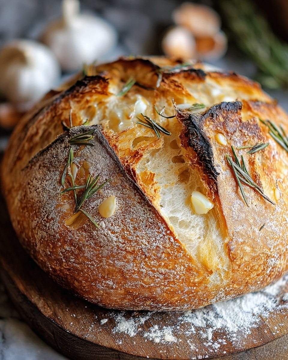A round loaf of bread with a golden-brown crust sits on a wooden board dusted with flour. The bread has a thick, crispy crust with deep cuts on top creating a cross pattern. Inside the cuts, soft, airy white bread is visible with a chewy texture. Clumps of roasted garlic cloves are embedded in the bread’s surface, glistening slightly. A few sprigs of fresh rosemary are placed on top, adding a touch of green to the warm tones of the bread. In the background, a bowl contains garlic cloves and another rosemary sprig lays on the board nearby, all set against a white marbled surface. photo taken with an iphone --ar 4:5 --v 7