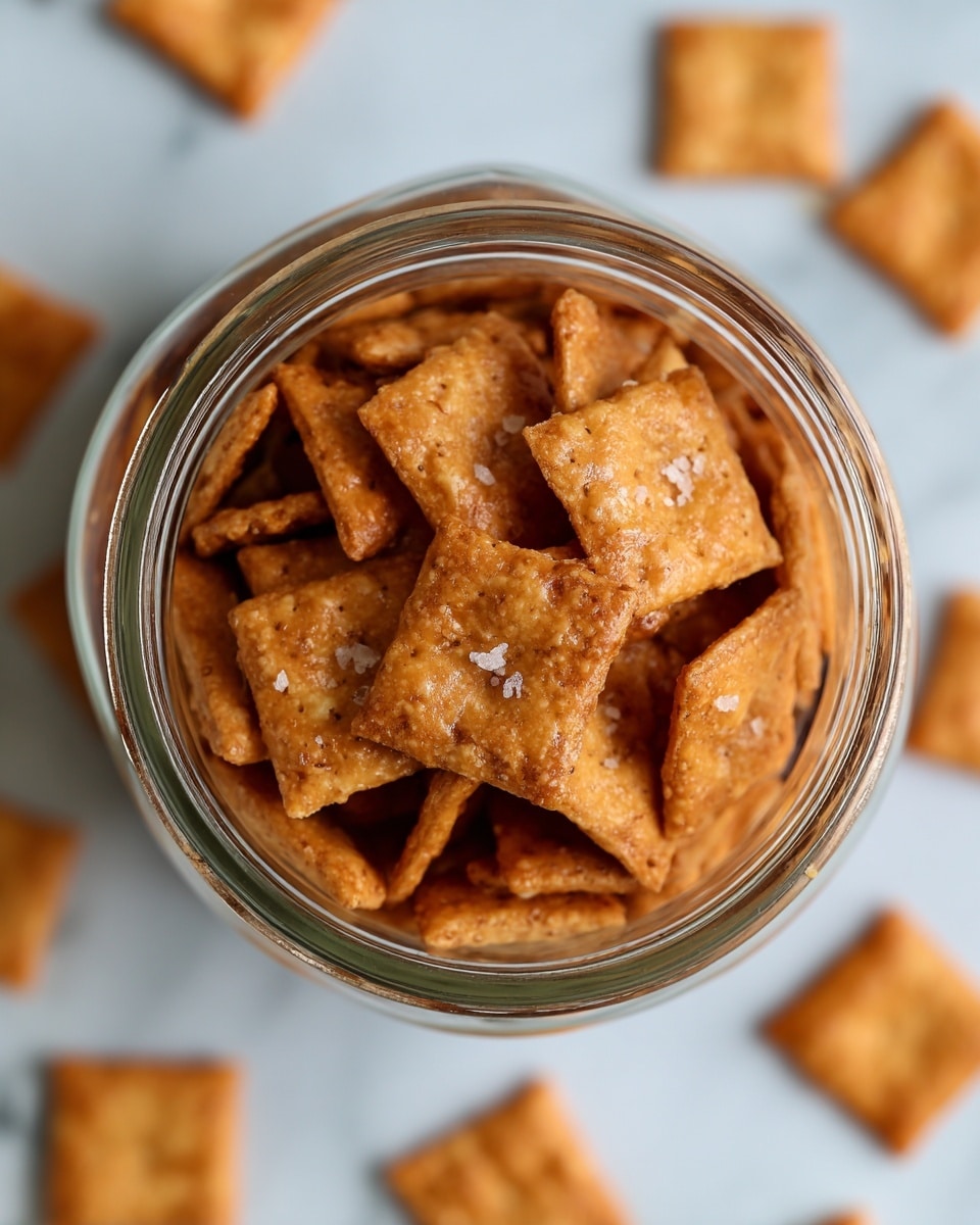 A white plate is full of crispy square crackers that are golden brown with a slightly darker toasted texture on the edges. Each cracker has a small hole in the center and is sprinkled lightly with coarse salt crystals that add a shiny touch. The crackers create a layered look as they are stacked unevenly on top of each other, showing their crunchy texture clearly against the white marbled background. photo taken with an iphone --ar 4:5 --v 7