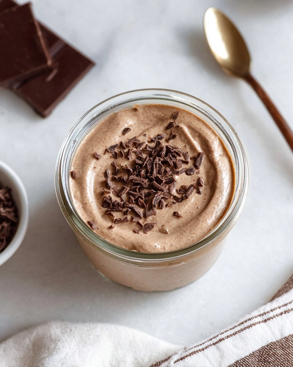 A clear glass jar filled with one smooth, thick layer of light brown chocolate mousse, topped with small dark chocolate shavings evenly spread on the surface. The jar is placed on a white marbled texture with pieces of dark chocolate near the bottom left side and a shiny rose gold spoon on the right side. In the background, a beige and white striped cloth is softly folded. Photo taken with an iphone --ar 4:5 --v 7