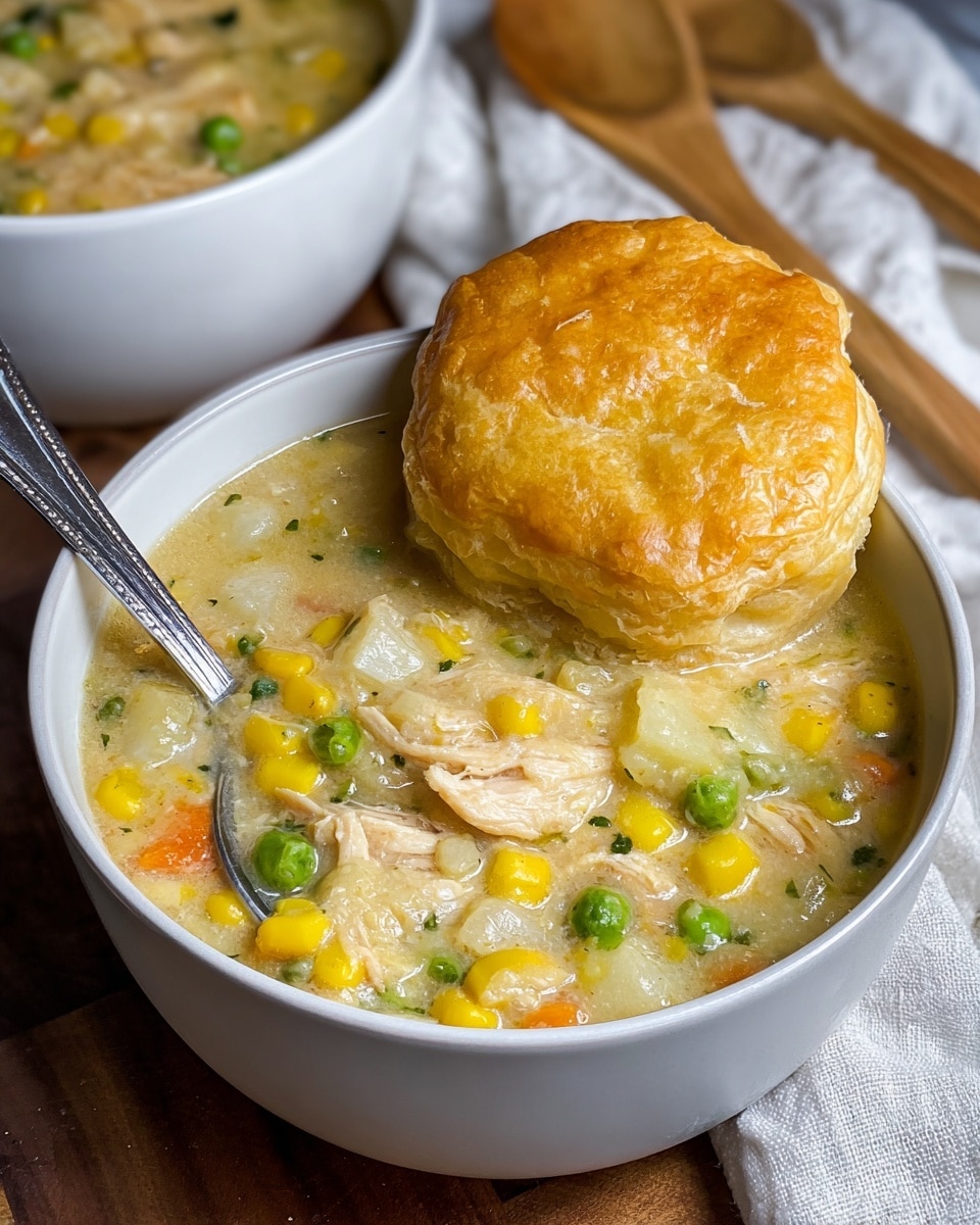 A white bowl filled with chicken pot pie soup showing three main layers: the bottom layer is a thick, creamy soup with soft textures, pale yellow color with visible chunks of tender chicken, bright yellow corn, green peas, and translucent white potato pieces scattered throughout; the middle layer is a silver spoon partially submerged in the soup on the right side; the top layer is a single golden brown puff pastry piece resting on the edge of the bowl with a crisp and flaky texture. The bowl sits on a wooden table with a white marbled texture cloth and a wooden spoon beside it, with another white bowl of the same soup blurred in the background. photo taken with an iphone --ar 4:5 --v 7