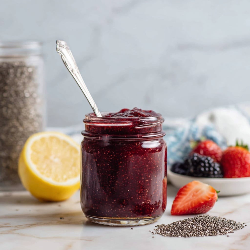 A clear glass jar is filled with a thick, dark red chia seed jam that shows tiny seeded texture throughout, with a silver spoon standing inside it. To the left of the jar, there is a halved lemon with a bright yellow inside and a halved red strawberry showing its juicy texture, alongside a whole blackberry. Behind the jar is a glass container filled with chia seeds, appearing light gray with a grainy texture. To the right and slightly behind, blurred mixed berries and a white and blue cloth are visible on a white marbled surface. Small piles of chia seeds scatter on the surface in front of the jar. Photo taken with an iphone --ar 4:5 --v 7