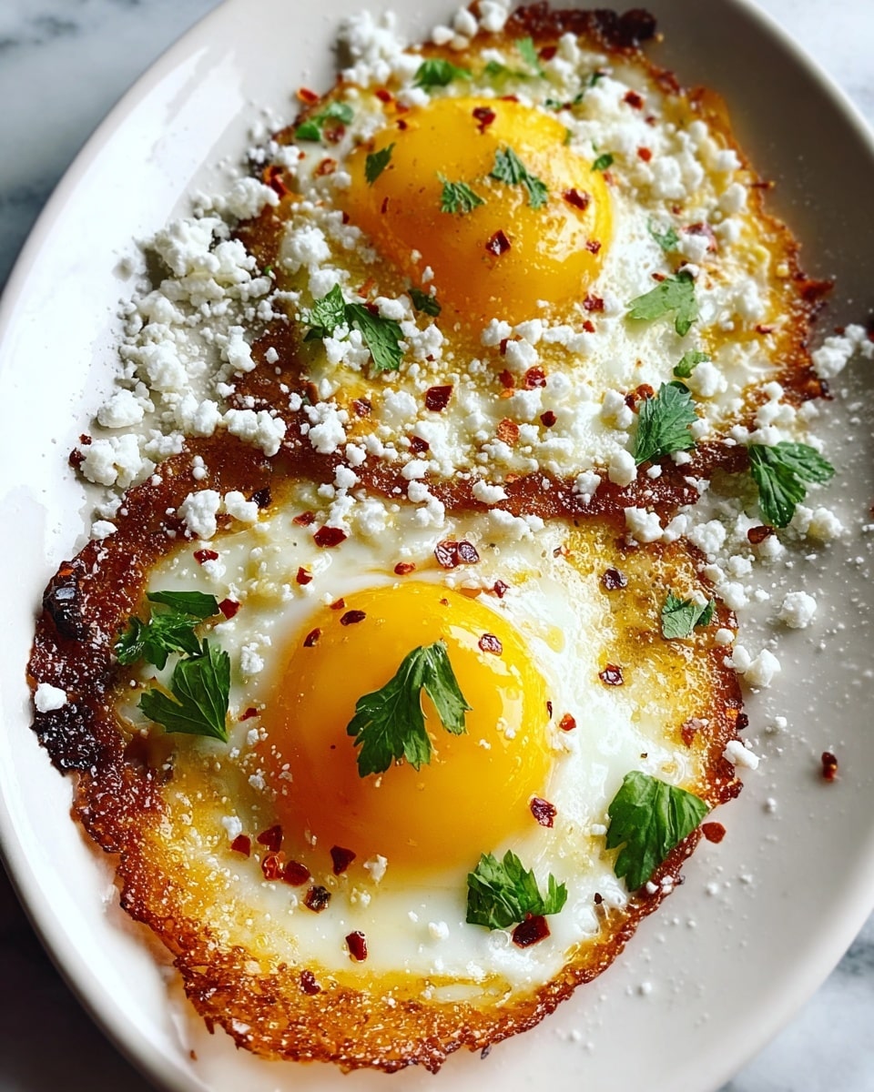 The image shows two fried eggs on a white plate, each with bright yellow, glossy yolks and crispy, golden-brown edges. Around the eggs, there is a sprinkle of white crumbly cheese scattered unevenly, adding texture. Small, fresh green parsley leaves are placed on and around the eggs, giving a touch of color contrast. A light dusting of red chili flakes is sprinkled over the yolks and cheese for extra detail. The plate sits on a background with a white marbled texture. photo taken with an iphone --ar 4:5 --v 7