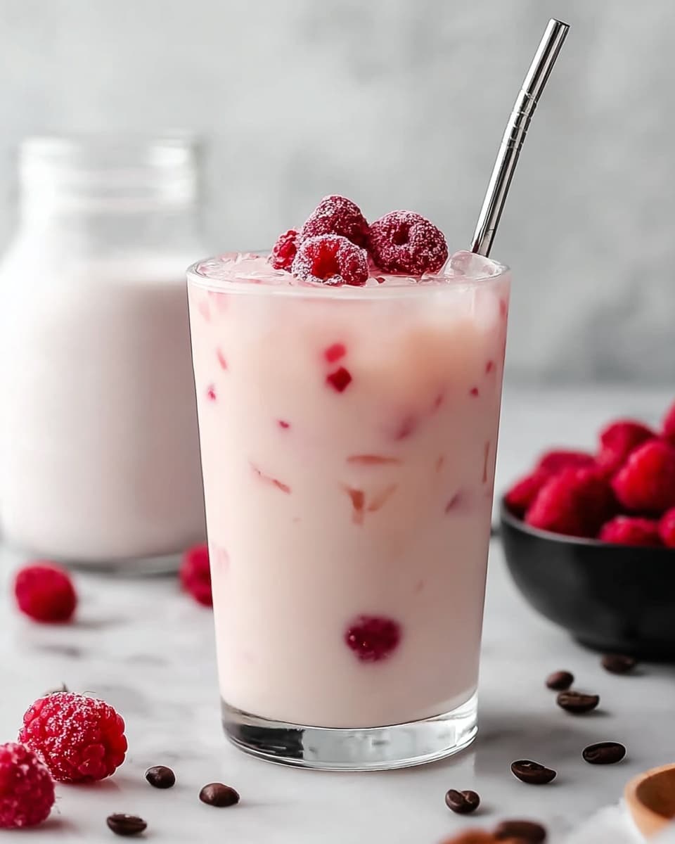 A clear glass filled with a pale pink creamy drink that has small red raspberry pieces mixed throughout, sitting on a round wooden coaster on a white marbled surface; the drink is topped with a cluster of fresh red raspberries and a metal straw inserted on the right side, with scattered raspberries around the base and a white bowl filled with raspberries blurred in the background, creating a fresh and inviting look. photo taken with an iphone --ar 4:5 --v 7
