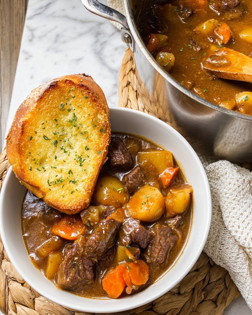 A white bowl filled with thick beef stew showing three layers: the first layer is a shiny brown gravy covering the stew, the second layer contains medium-sized chunks of dark brown beef, slices of bright orange carrots, and chunks of light yellow potatoes, all slightly mixed, and the third layer is a single large piece of golden toasted garlic bread resting on the edge of the bowl with a crispy, textured top sprinkled with green herbs. The entire bowl is set on a white marbled surface with a beige cloth beside it. photo taken with an iphone --ar 4:5 --v 7