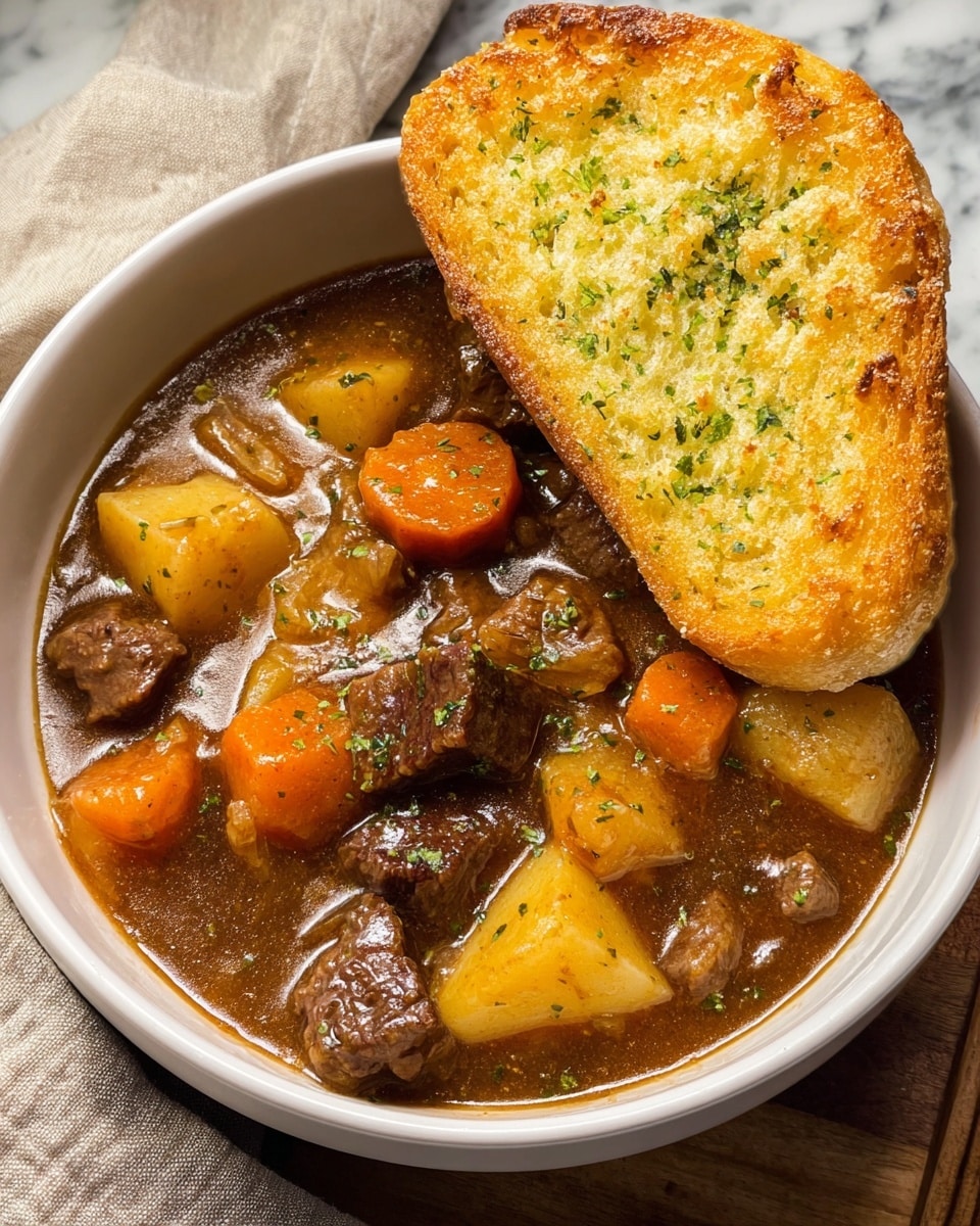 A white bowl filled with thick beef stew showing a brown gravy base with tender chunks of dark brown beef, bright orange carrot slices, and pale yellow potato pieces. A golden toasted garlic bread slice with green herbs rests on the edge of the bowl, slightly soaking in the stew. Next to the bowl is a shiny metal pot containing more of the stew, showing a similar mix of beef, carrot, and potato in the brown sauce. The setup is on a white marbled surface with a woven mat and a white textured cloth nearby. Photo taken with an iphone --ar 4:5 --v 7