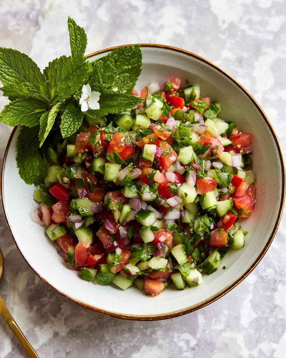 The image shows a bowl filled with a colorful, finely chopped salad made of red tomatoes, green cucumbers, white onions, purple onions, and green herbs mixed together, creating a vibrant mix of red, green, white, and purple colors. The salad is moist with visible juice and garnished with green mint leaves placed on top. The salad is in a white bowl with a thin brown rim, and a white spoon rests inside the bowl on the right side. The bowl is placed on a white marbled surface, and white flowers can be seen on the left side. Photo taken with an iphone --ar 4:5 --v 7