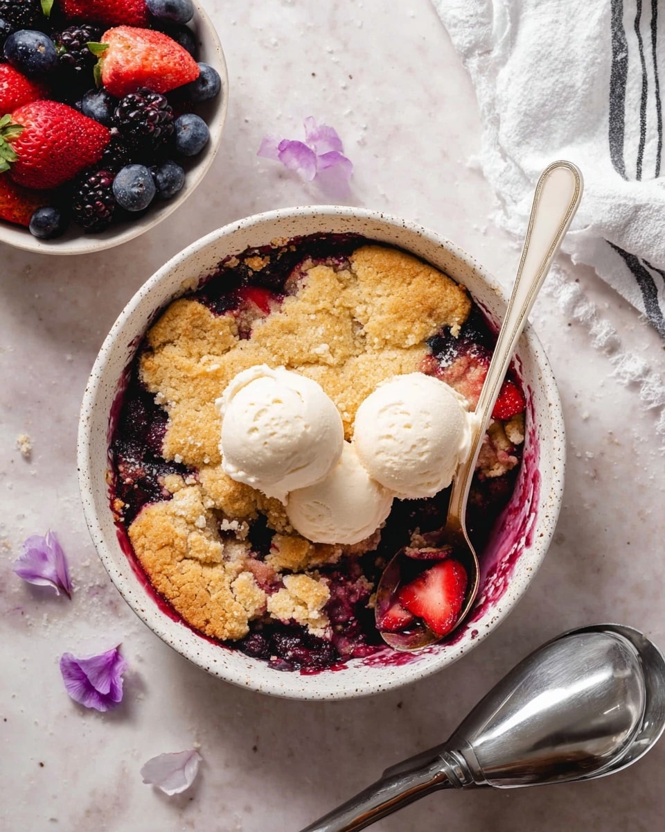 A round white bowl filled with a golden brown cobbler crust that is cracked open in places, revealing juicy dark purple blueberries and bright red strawberries underneath. On top of the crust, there are three creamy white scoops of vanilla ice cream melting slightly around the edges. A white spoon with a gold tip rests on the side of the bowl, partially inside the cobbler. The bowl is set on a white marbled surface. photo taken with an iphone --ar 4:5 --v 7