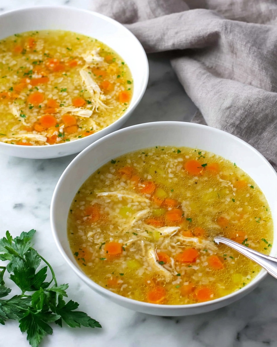 Two white bowls of chicken soup sit on a white marbled surface. Each bowl is filled with a broth layer that is light yellow and slightly oily, containing small orange carrot cubes, pale green celery pieces, and shredded white chicken. Tiny, round, white pasta pearls float evenly throughout the soup, creating a grainy texture. One bowl has a silver spoon resting in it, with the spoon handle leaning toward the edge of the bowl. Fresh green parsley sprigs are placed near the edge of the surface next to the bowls, and a crumpled gray cloth is in the upper right corner. photo taken with an iphone --ar 4:5 --v 7