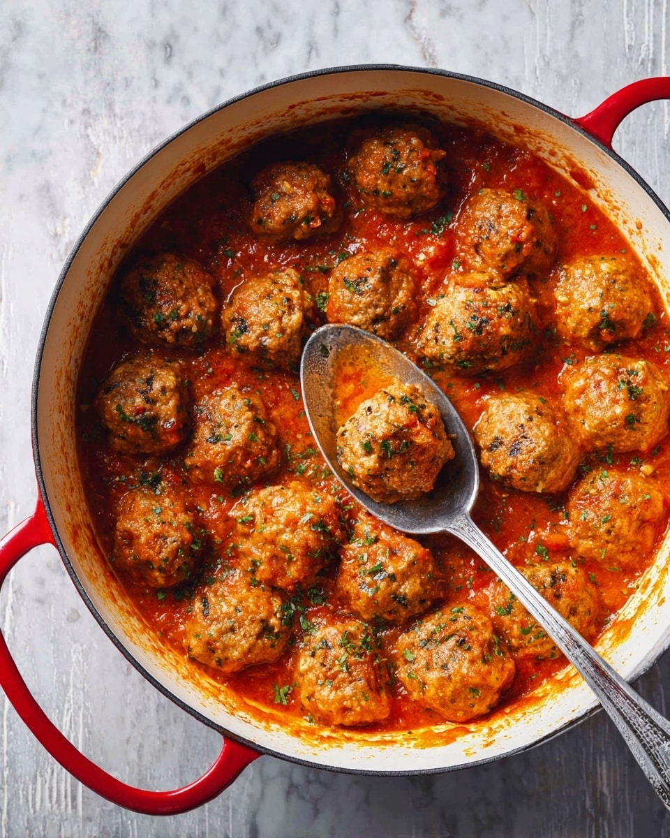 A close-up image shows several golden-brown meatballs covered in a light red tomato sauce, garnished with small green parsley pieces scattered on top. The meatballs have a slightly crispy texture with visible browned edges, and the sauce looks thick and chunky with bits of herbs mixed in. They are served in a white, glossy ceramic bowl with a thick handle, sitting on a white marbled surface. The image highlights the juicy and flavorful texture of the meatballs, making them look rich and appetizing. photo taken with an iphone --ar 4:5 --v 7
