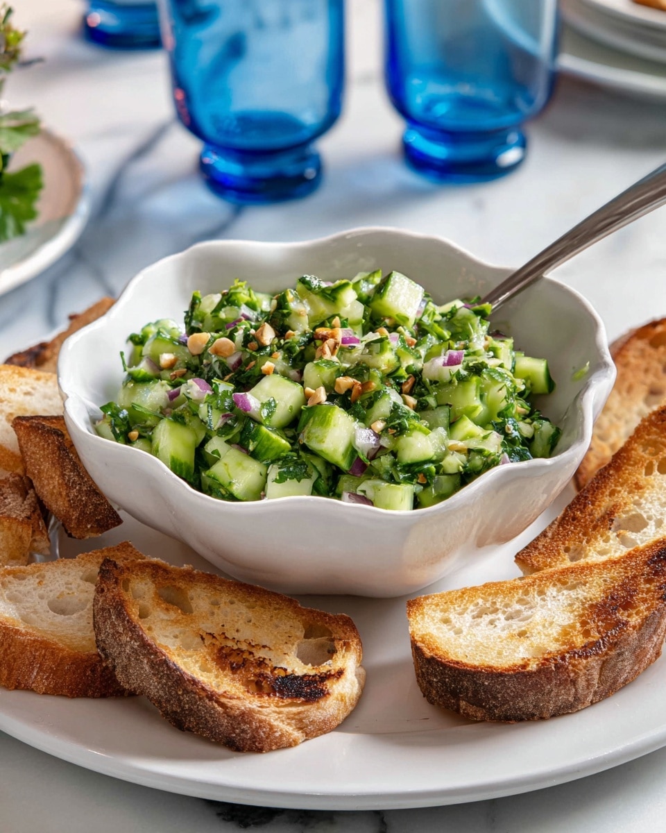 A fresh cucumber salad with bright green cucumber chunks, vibrant chopped cilantro leaves, small pieces of light purple onion, and crushed light brown nuts mixed in. The salad sits in a white bowl with gently curved edges, and a silver spoon is resting inside the bowl on the right side. The white marbled surface beneath adds a clean, elegant background with a soft light enhancing the freshness of the ingredients. Photo taken with an iphone --ar 4:5 --v 7