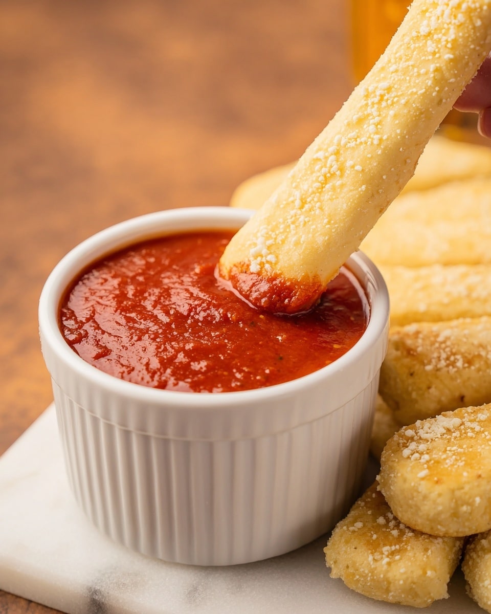 The image shows three golden-brown breadsticks with a crunchy texture and a sprinkle of seasoning on their surface, partially inside an orange box. Behind the breadsticks is a small white bowl filled with red marinara sauce that has a thick consistency and visible bits of herbs. The box and bowl rest on a red and white checkered cloth placed on a white marbled surface. Photo taken with an iphone --ar 4:5 --v 7