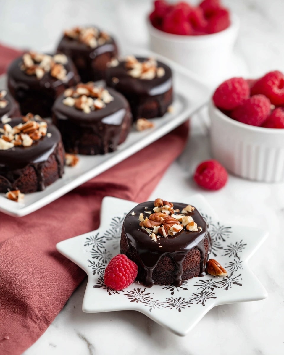 This image shows a stack of three small chocolate cakes on a white wooden surface with a white marbled texture in the background. Each cake is dark brown and topped with a smooth, shiny layer of dark chocolate frosting. The top cake is bitten in half, revealing a moist, crumbly interior and is sprinkled with small pieces of light brown nuts. Two bright red raspberries sit on the surface nearby, adding a pop of color to the dark cakes. The cakes have a slightly rough, porous texture on the sides and a rich, glossy finish on top. Photo taken with an iphone --ar 4:5 --v 7
