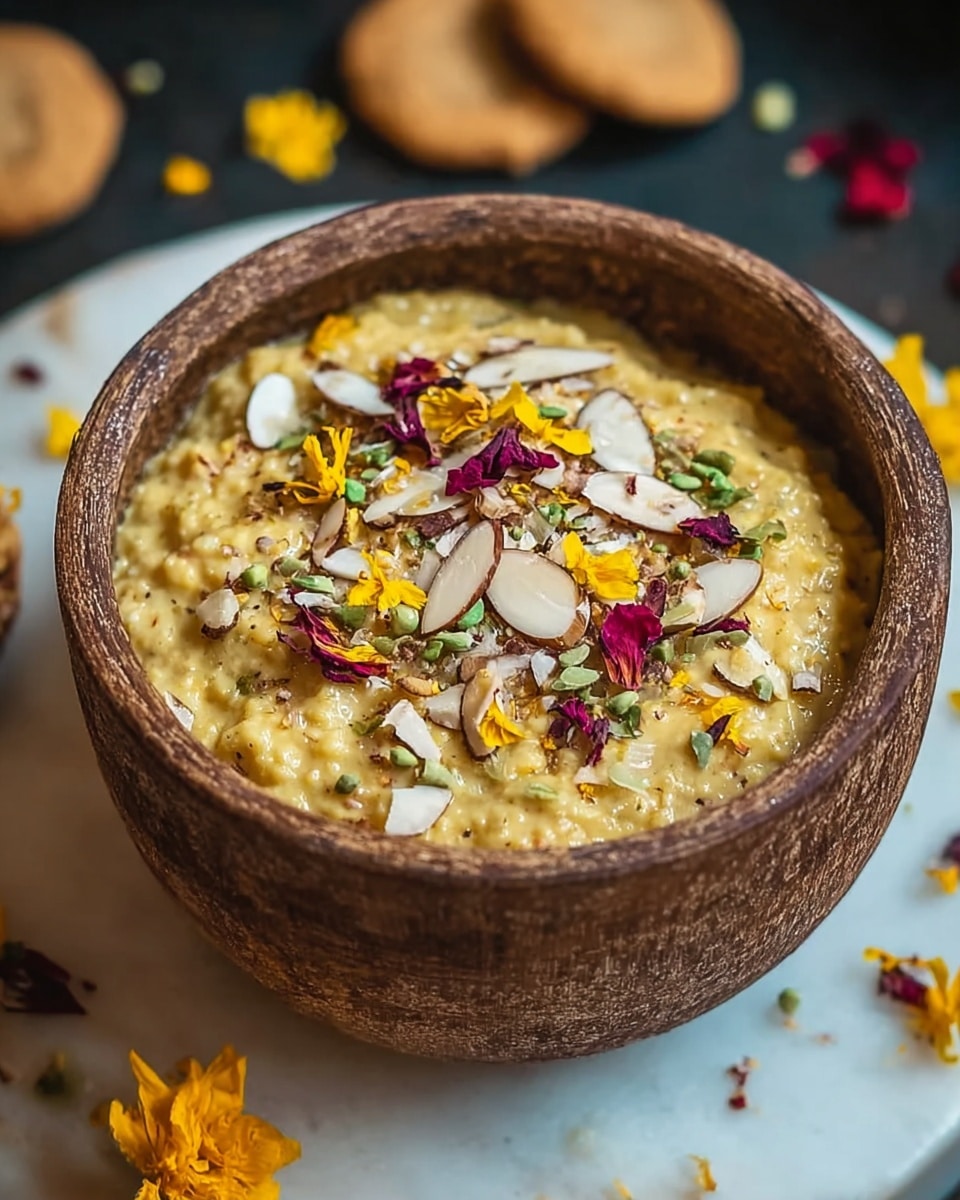 A dark brown bowl filled with a thick, creamy yellow porridge with visible grains mixed in, topped at the center with a colorful layer of sliced almonds, small pieces of green herbs, yellow flower petals, and deep red flower petals, all scattered loosely. The bowl sits on a white marbled surface with a few more yellow petals around it, creating a fresh and inviting appearance. Photo taken with an iphone --ar 4:5 --v 7