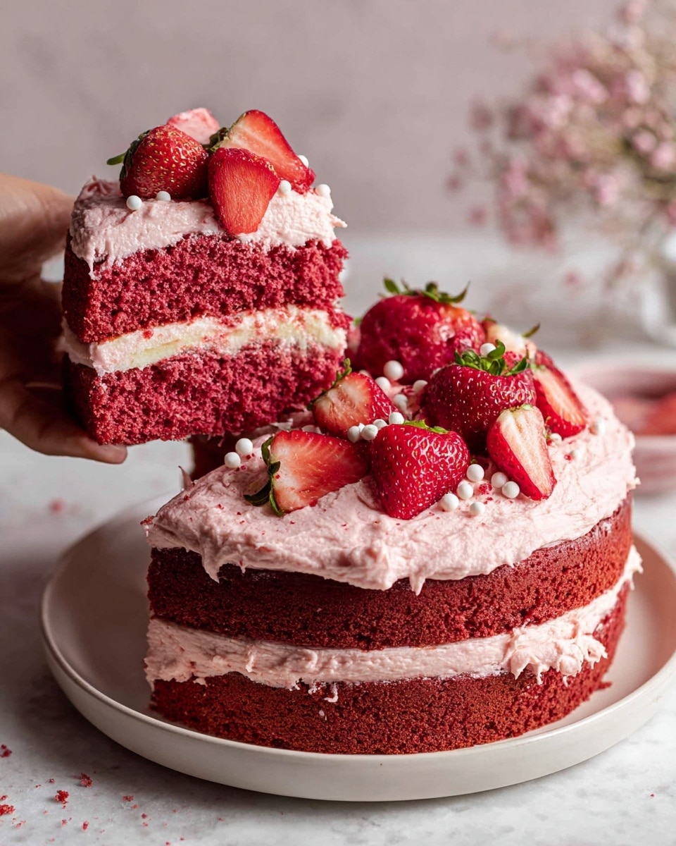 A two-layer round strawberry cake sits on a white plate, placed on a white marbled surface. The bottom layer is a brown sponge cake, topped with a smooth, pink strawberry cream layer that is evenly spread. The second layer is another brown sponge cake, with a thicker, textured layer of pink strawberry cream spread on top. Fresh strawberry halves and small strawberry pieces are arranged in a pile in the center on the top cream layer, sprinkled with small white edible beads. The background is softly blurred with a jar of red berries and a small dish of strawberries visible. Photo taken with an iphone --ar 4:5 --v 7