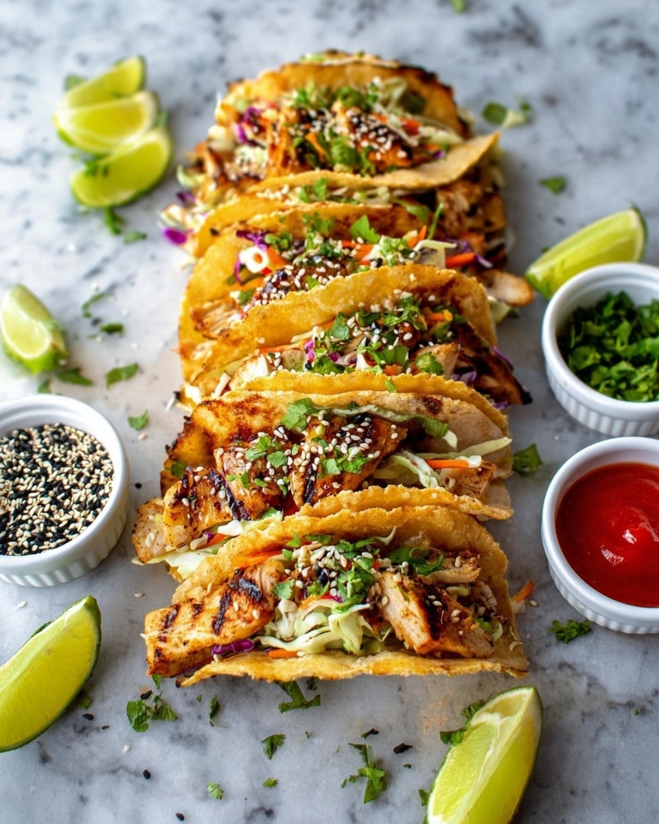 The image shows six small tacos arranged in a neat row on a surface with white marbled texture. Each taco is folded with a light golden crispy shell and filled with three visible layers: at the bottom, pieces of cooked chicken in light brown color; in the middle, a mix of colorful shredded slaw including green, purple, and orange vegetables; and on top, sprinkled chopped green cilantro leaves and a mix of white and black sesame seeds. There are lemon wedges scattered around the tacos, and three small white bowls holding different sauces or toppings, one with a red sauce, one with sesame seeds, and another with chopped greens. The scene is brightly lit, focusing closely on the tacos. Photo taken with an iphone --ar 4:5 --v 7
