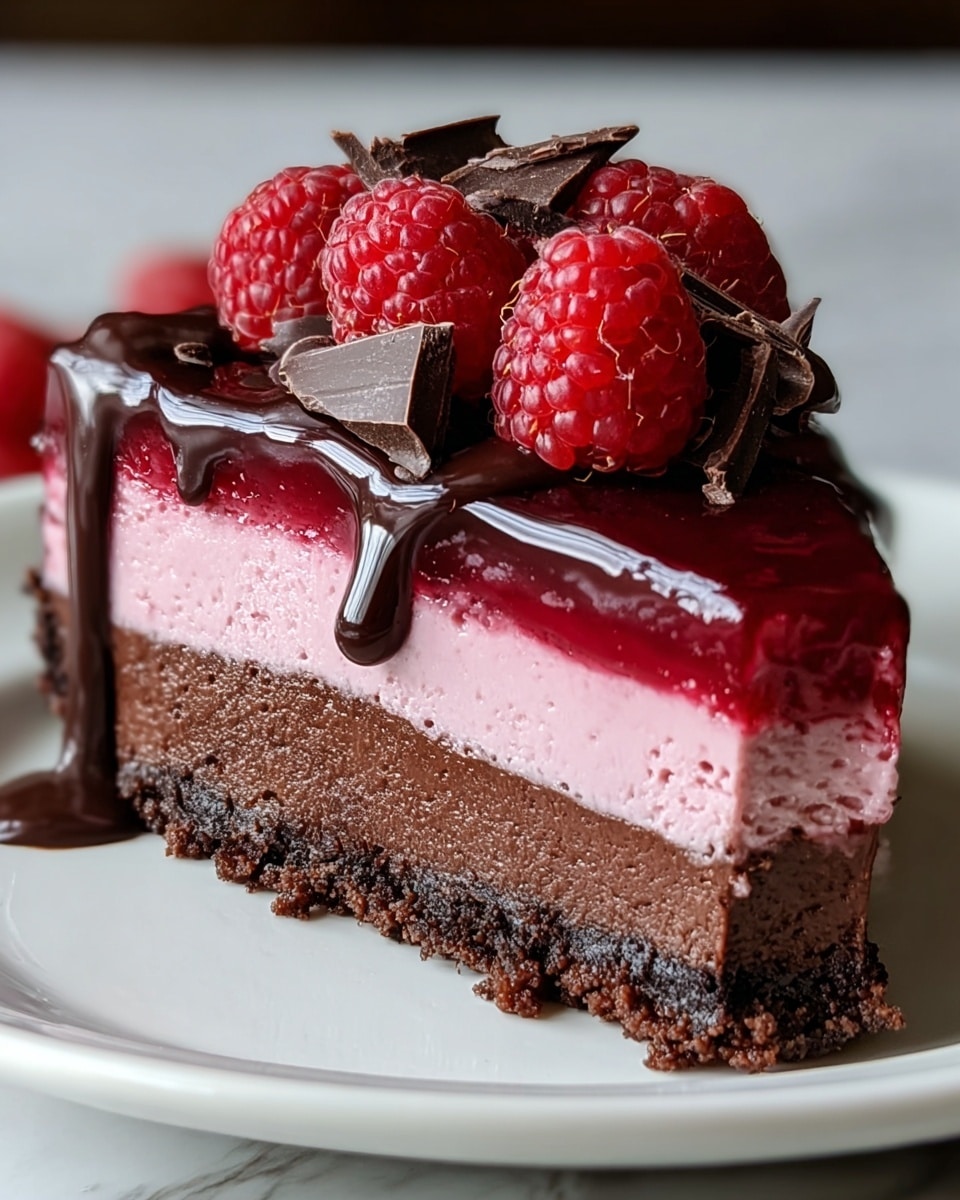 A slice of pie with four visible layers sits on a white plate over a white marbled surface. The bottom layer is a crumbly, dark brown crust. Above it is a thick, dark chocolate layer that looks smooth and dense. On top of this is a pink, creamy layer with a soft texture, partially covered by a thin, glossy, deep red raspberry jelly layer. The slice is topped with a shiny, dark chocolate ganache that drips slightly down the sides. Fresh, bright red raspberries and dark chocolate shards decorate the top of the slice, adding contrast and texture. photo taken with an iphone --ar 4:5 --v 7