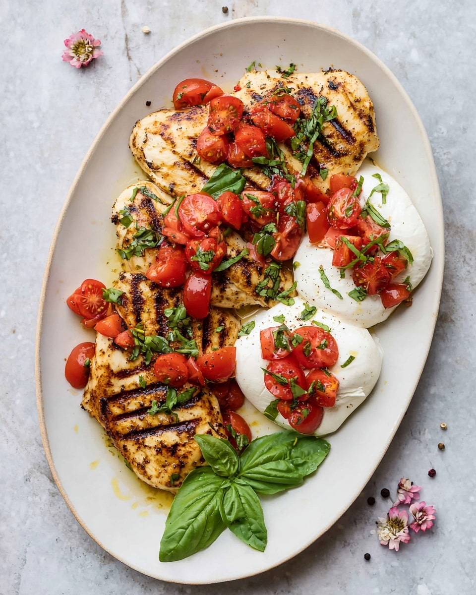 The dish shows several pieces of grilled chicken with visible dark grill marks and a light brown, slightly crispy texture, laid in the center of a white plate. On top of the chicken are bright red chopped cherry tomatoes mixed with thin green basil strips, adding fresh color. To one side, there are two round scoops of soft white mozzarella cheese, creamy and smooth, topped with additional cherry tomatoes and basil, lightly seasoned with black pepper. A single fresh green basil leaf rests near the edge of the plate. The plate is placed on a white marbled surface. photo taken with an iphone --ar 4:5 --v 7