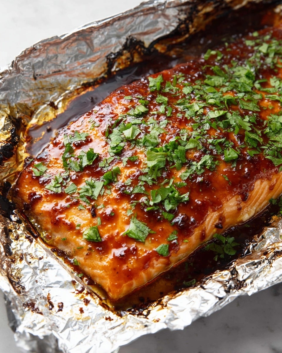 A large piece of cooked salmon with a shiny, thick reddish-brown glaze covers the entire top layer, creating a smooth and sticky texture. The fish rests on crumpled silver foil, showing hints of charring around the edges. Bright green chopped herbs are scattered unevenly on top of the glaze, adding a fresh contrast. Near the salmon, there is a white bowl filled with more chopped green herbs on a white marbled surface. In the corner, a small wooden bowl contains reddish-yellow flakes with a rough, dry texture. photo taken with an iphone --ar 4:5 --v 7