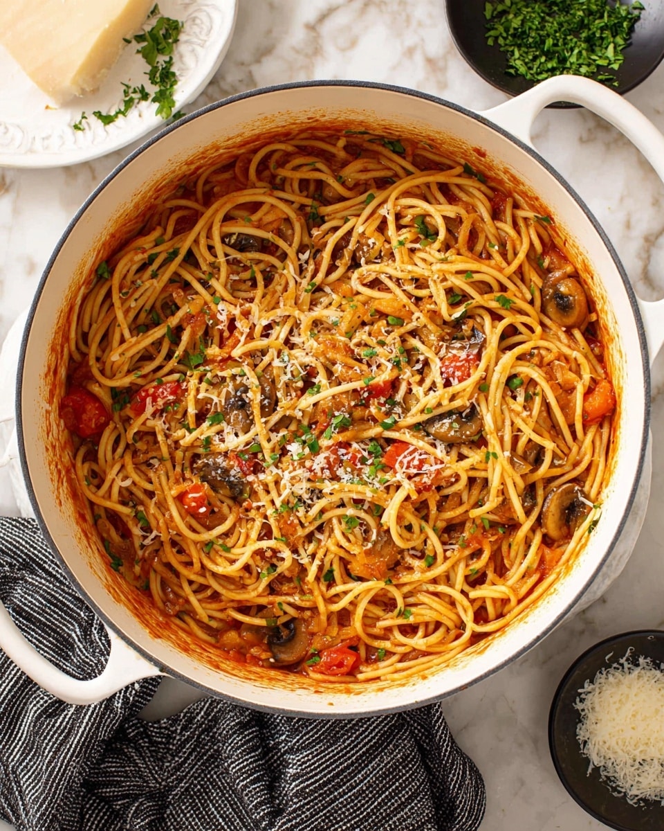 A large white pot filled with a single layer of spaghetti pasta coated in a light red tomato sauce with chunks of red tomatoes and slices of mushrooms scattered throughout. The spaghetti is topped with a light sprinkling of shredded pale yellow cheese and finely chopped green herbs. The pot sits on a white marbled surface, next to a small black bowl filled with shredded cheese, a piece of Parmesan cheese, and a white plate with chopped herbs, all slightly blurred in the background, with a gray striped cloth wrapped around the pot's handle. photo taken with an iphone --ar 4:5 --v 7