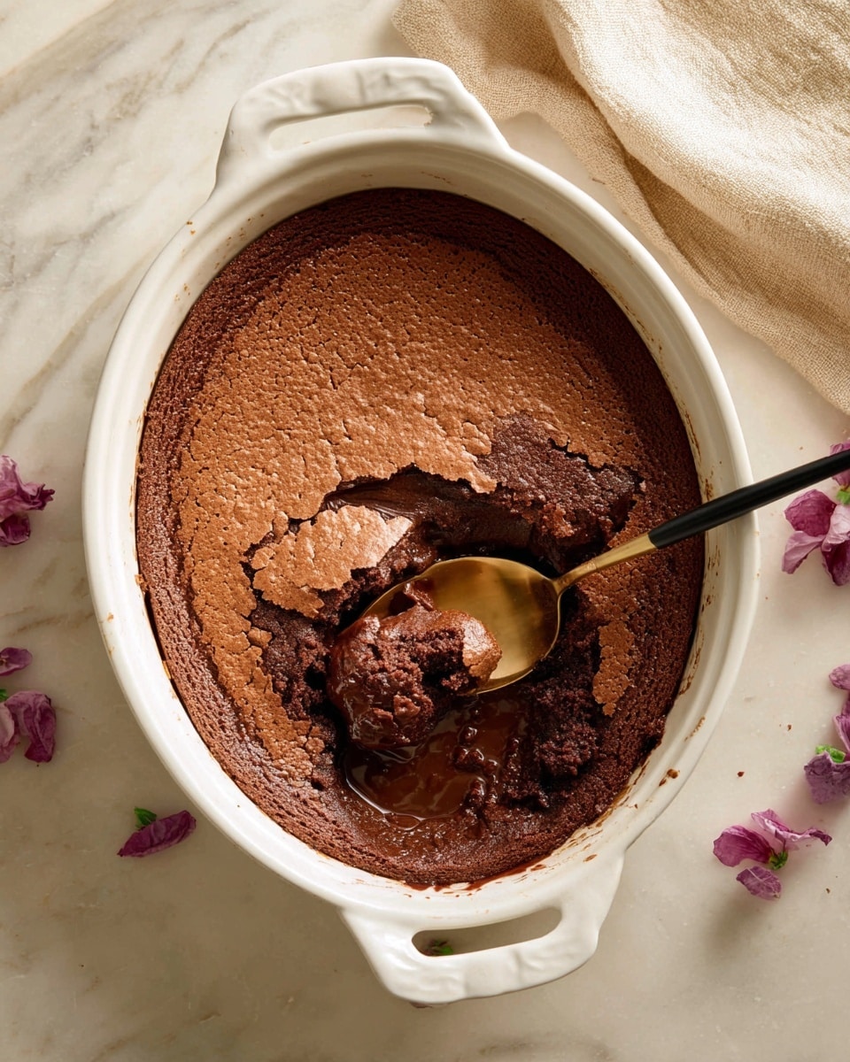 The image shows a white oval baking dish with a freshly baked chocolate dessert that has a shiny, cracked dark brown top layer. One portion is scooped out, revealing a moist and gooey deeper layer with a rich, darker brown color and a soft texture. On top of the dessert, there are two round scoops of creamy, pale vanilla ice cream starting to melt slightly and blend into the chocolate. A gold and black spoon rests inside the dessert where the portion has been taken out. The dish is placed on a white marbled surface with a beige cloth nearby and some small pink flower petals scattered around. Photo taken with an iphone --ar 4:5 --v 7