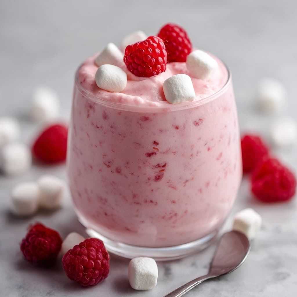 A clear large bowl contains three main layers separated inside it on a white marbled textured surface. At the bottom is a smooth pale pink creamy layer coating the bowl. On the left side are bright red fresh raspberries piled together, showing their small textured surface. On the right side is a mound of small white mini marshmallows with a soft, puffy texture. At the bottom left side is a thick uneven layer of white cottage cheese, showing its bumpy curds texture. A striped light gray and white cloth is placed to the right of the bowl. Photo taken with an iphone --ar 4:5 --v 7