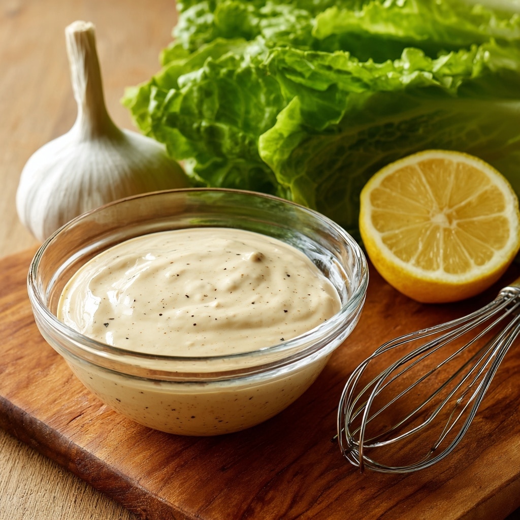 A clear glass bowl filled with a creamy light beige sauce that has a smooth, slightly whipped texture with small black specks mixed in. The bowl is placed on a wooden surface, next to a fresh green romaine lettuce, a whole bulb of garlic, half a lemon with a bright yellow rind and juicy interior, and a small metal whisk with a wire loop handle. The scene is simple and rustic, focusing on natural ingredients and fresh preparation. Photo taken with an iphone --ar 4:5 --v 7
